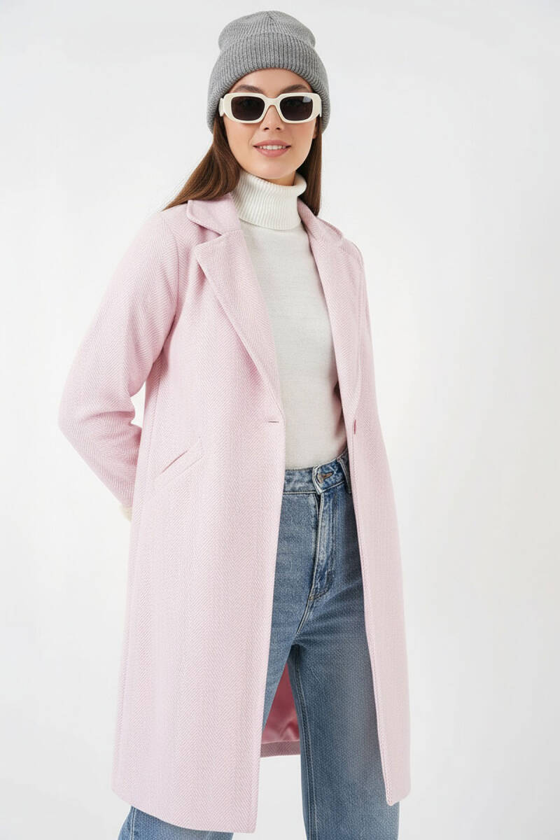 9145 Kadın Kolları Tüylü Balık Sırtı Kaşe Kaban - Pudra - BİGDART