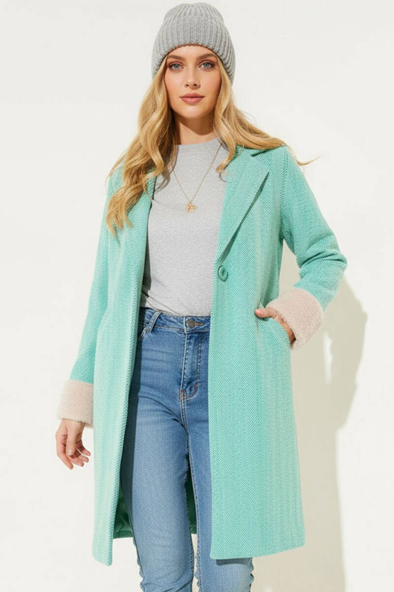 9145 Kadın Kolları Tüylü Balık Sırtı Kaşe Kaban - Yeşil - BİGDART