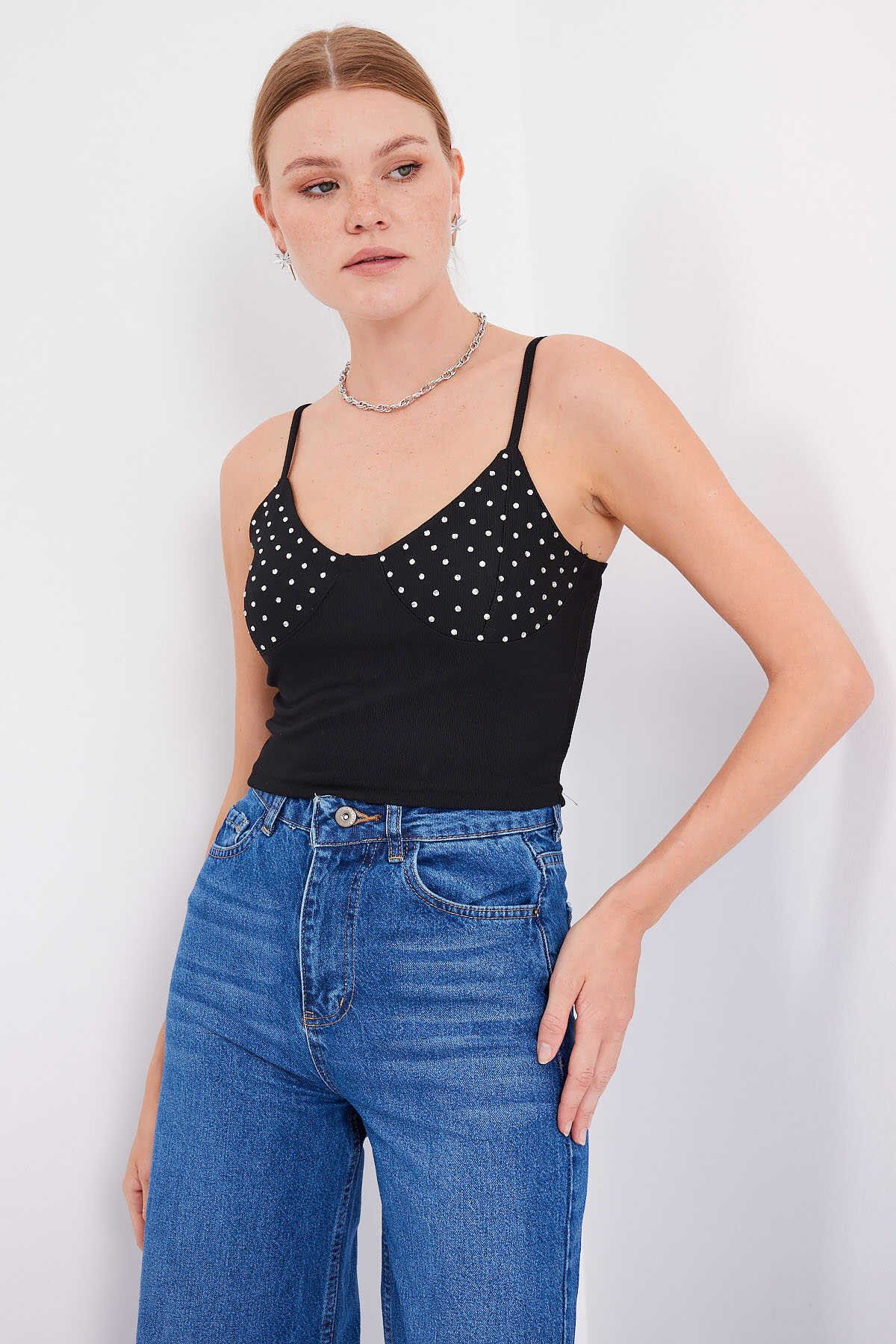 918 İp Askılı Crop Top - Siyah - 1