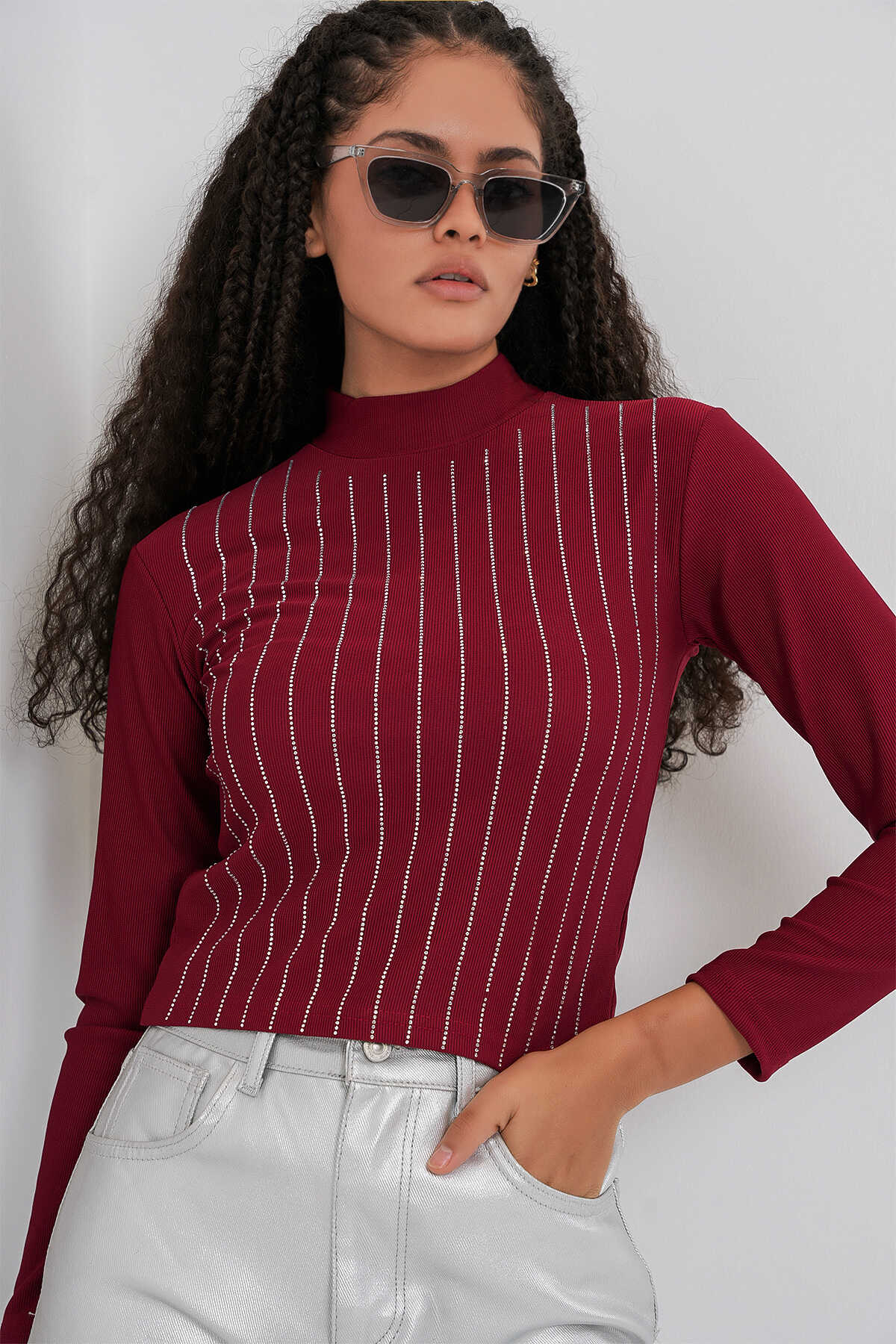 922 Taşlı Body - Bordo - 4