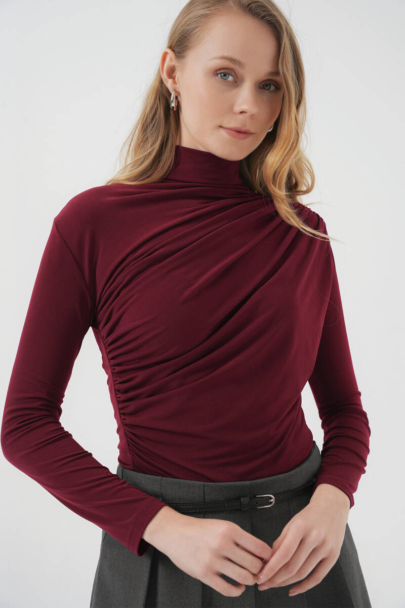 925 Büzgü Detaylı Sandy Bluz - Bordo - BİGDART