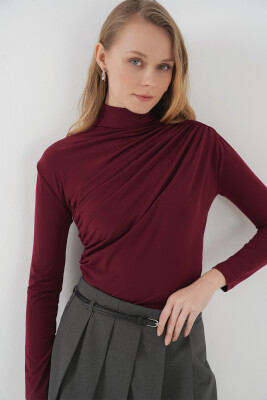925 Büzgü Detaylı Sandy Bluz - Bordo - 3