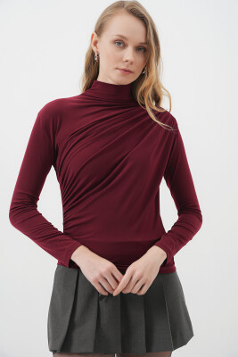 925 Büzgü Detaylı Sandy Bluz - Bordo - 4