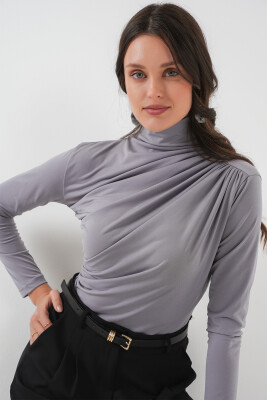 925 Büzgü Detaylı Sandy Bluz - Gri - 4