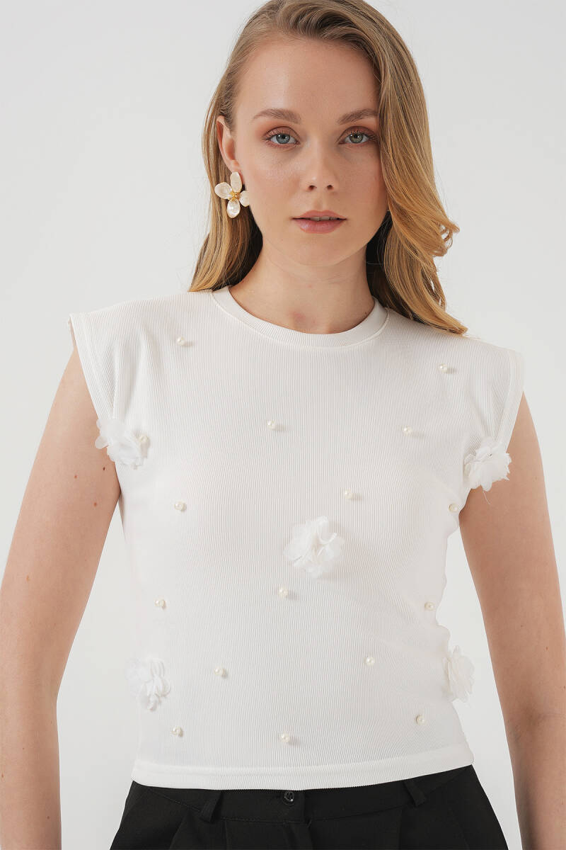 929 Kısa Kol Örme Bluz - Beyaz - BİGDART