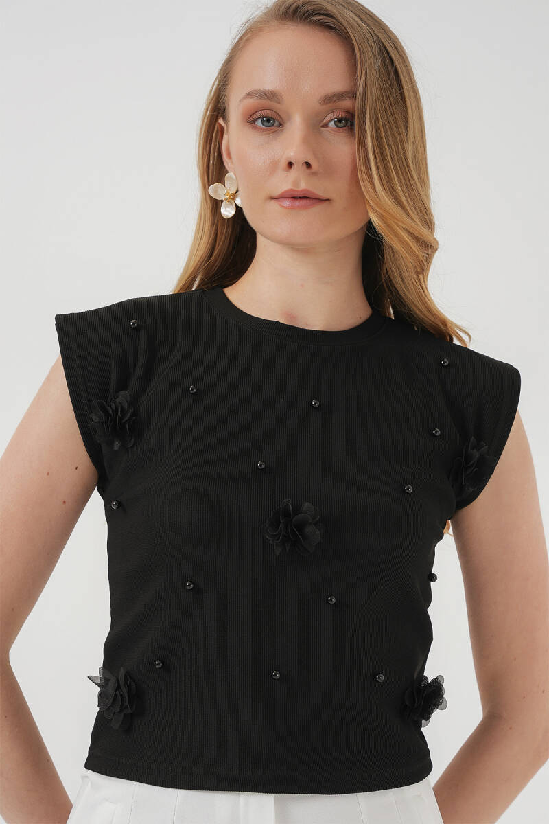 929 Kısa Kol Örme Bluz - Siyah - BİGDART