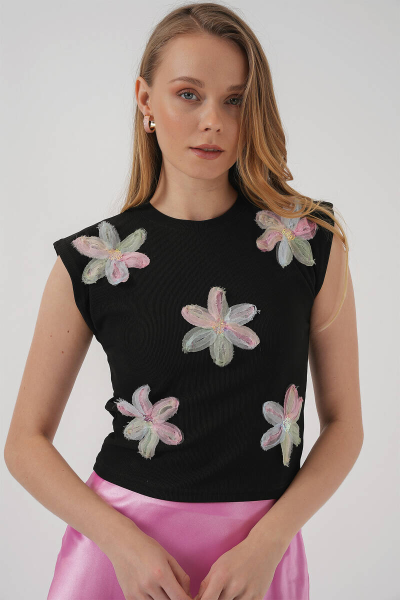 930 Kısa Kol Desenli Crop Bluz - Siyah - BİGDART