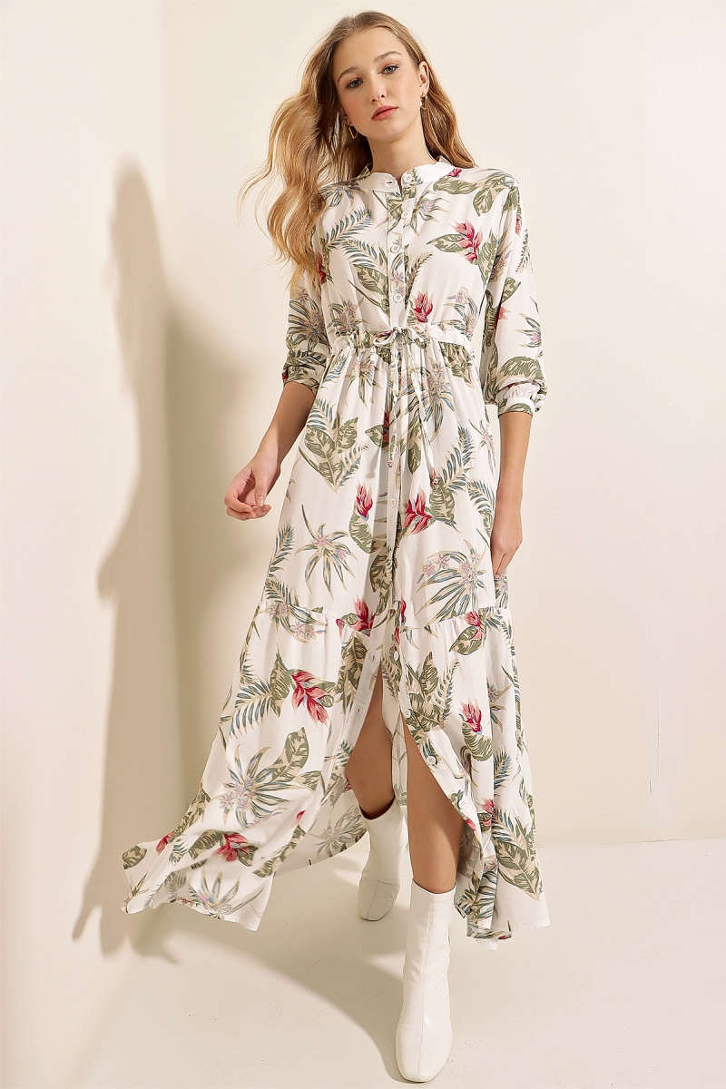 2144 Hakim Yaka Tesettür Elbise - Beyaz - BİGDART