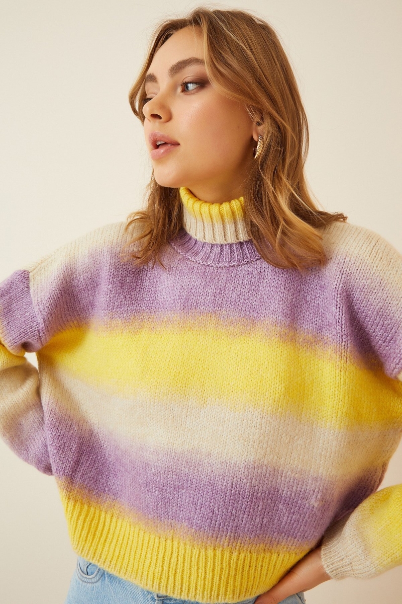 15780 Boğazlı Renkli Crop Kazak - Lila - BİGDART