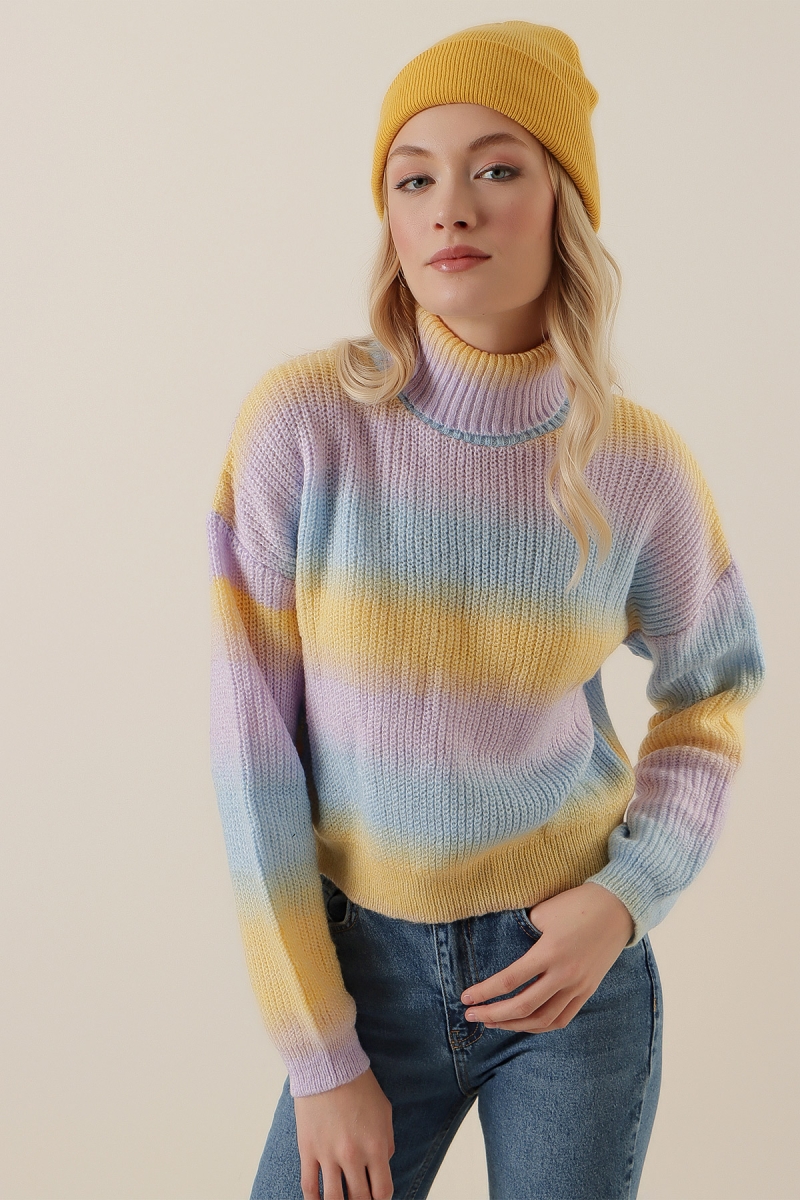 15780 Boğazlı Renkli Crop Kazak - Mavi - BİGDART