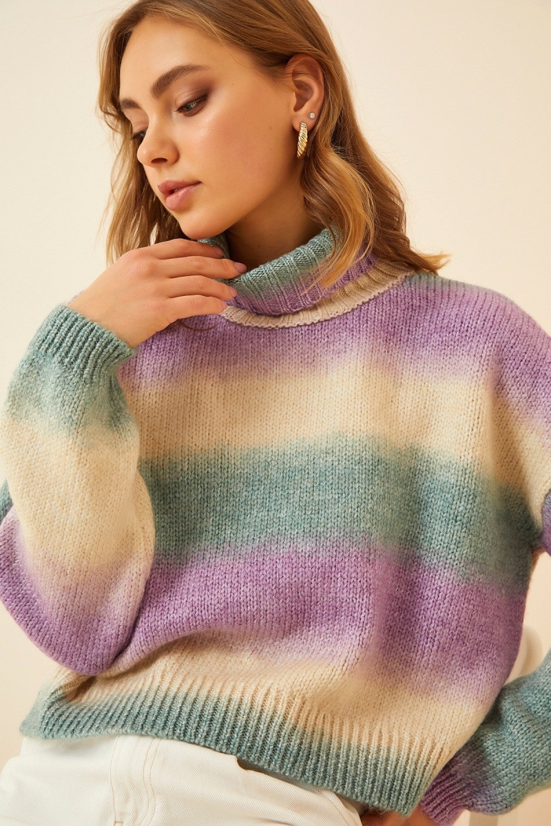 15780 Boğazlı Renkli Crop Kazak - Yeşil - BİGDART