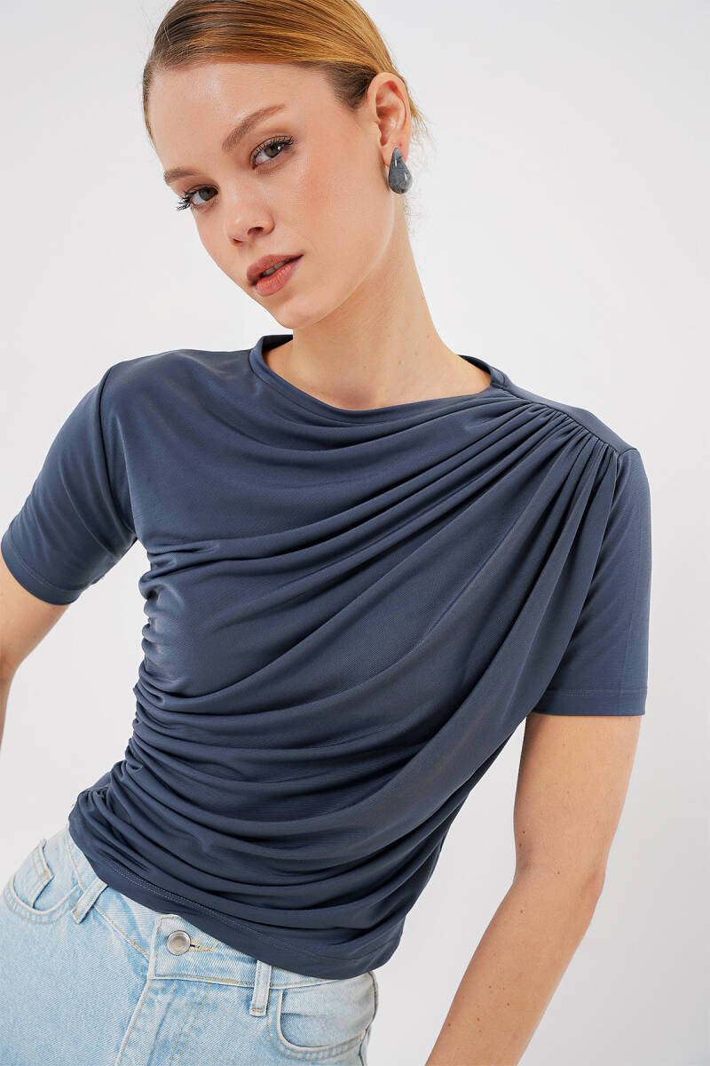 Büzgü Detaylı Kısa Kol Sandy Bluz 945 - Antrasit - BİGDART