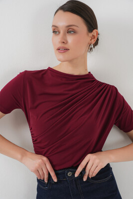 Büzgü Detaylı Kısa Kol Sandy Bluz 945 - Bordo - 4