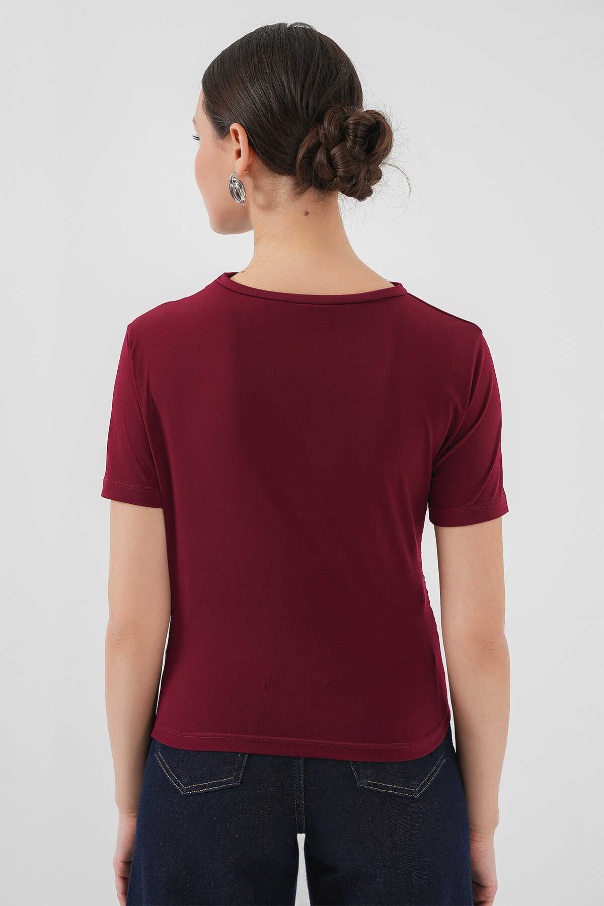 Büzgü Detaylı Kısa Kol Sandy Bluz 945 - Bordo - 6