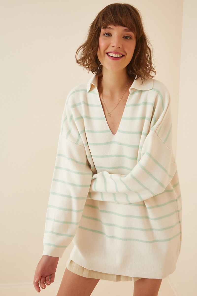 15778 Çizgili Oversize Kazak - Çağla - BİGDART