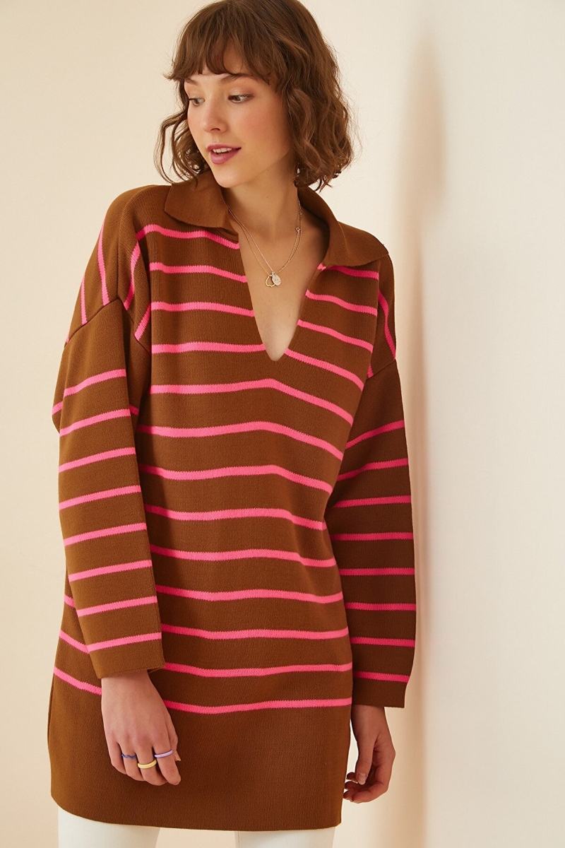 15778 Çizgili Oversize Kazak - Kahverengi - BİGDART