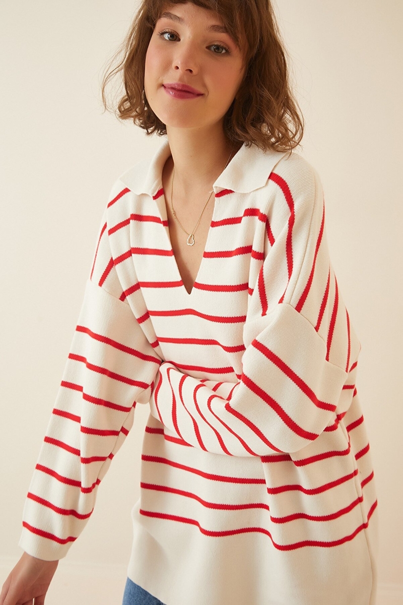 15778 Çizgili Oversize Kazak - Kırmızı - BİGDART