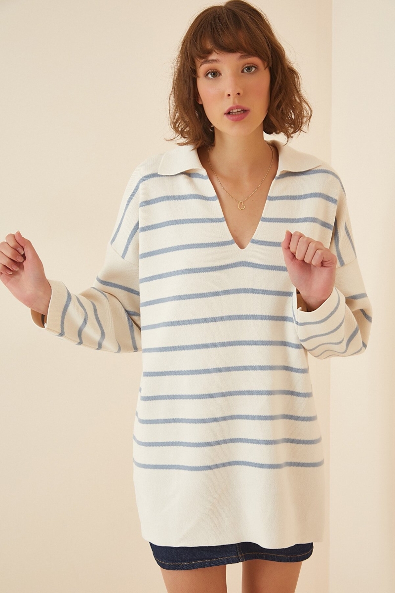 15778 Çizgili Oversize Kazak - Mavi - BİGDART