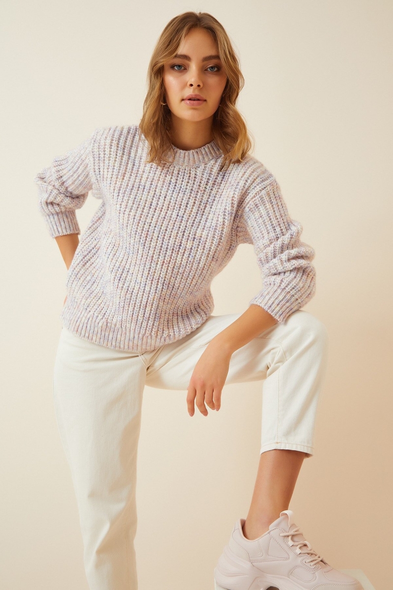 15781 Çok Renkli Örme Kazak - Lila - BİGDART