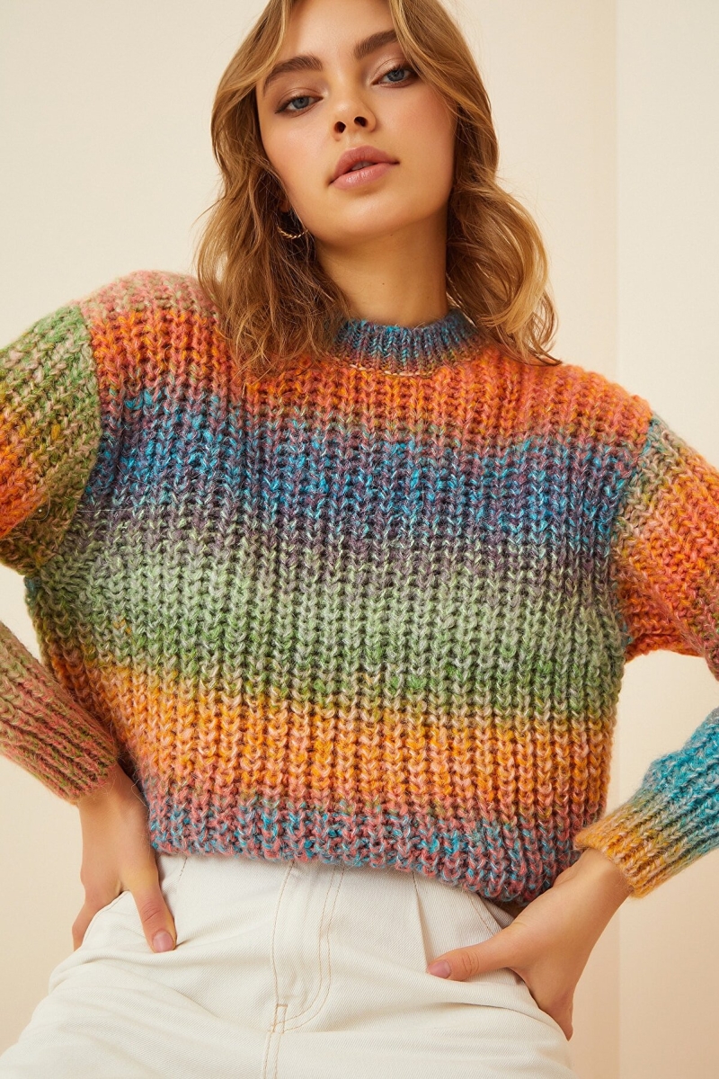 15781 Çok Renkli Örme Kazak - Turuncu - BİGDART