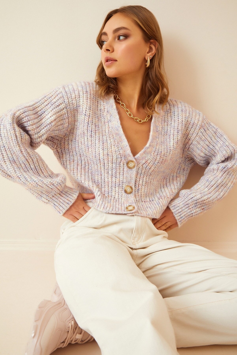 15779 Crop Triko Hırka - Lila - BİGDART