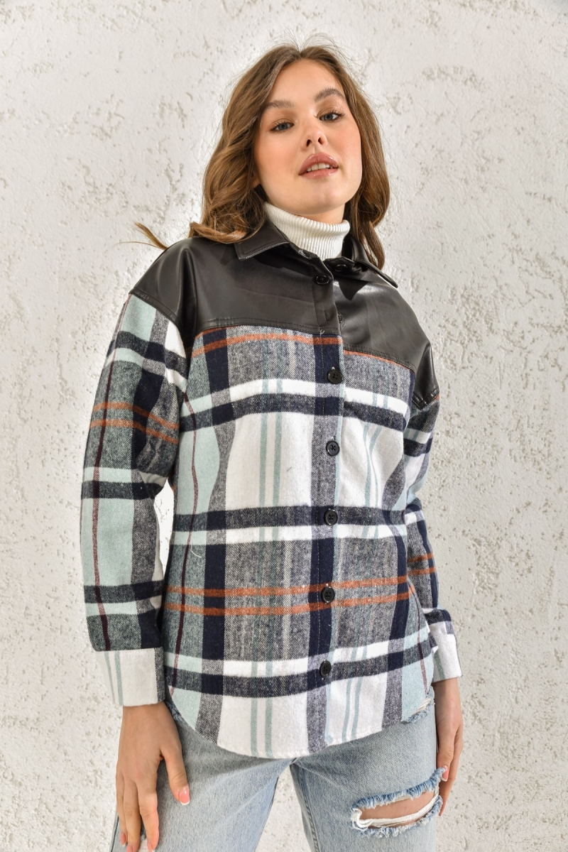 3999 Deri Detaylı Ekose Gömlek - Mint - BİGDART