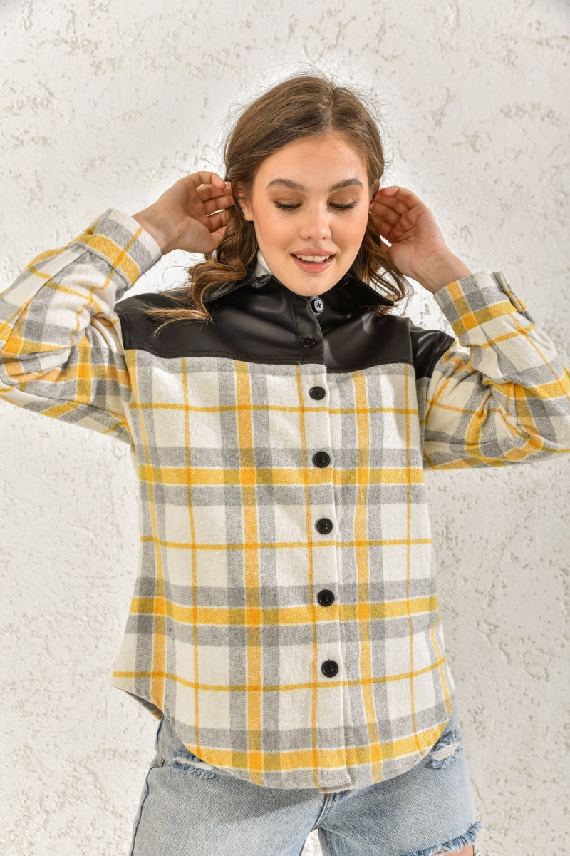 3999 Deri Detaylı Ekose Gömlek - Sarı - BİGDART