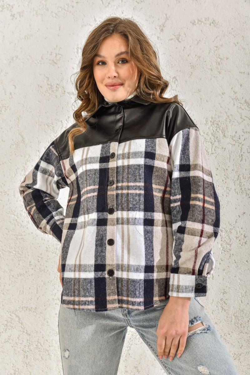 3999 Deri Detaylı Ekose Gömlek - Siyah - BİGDART