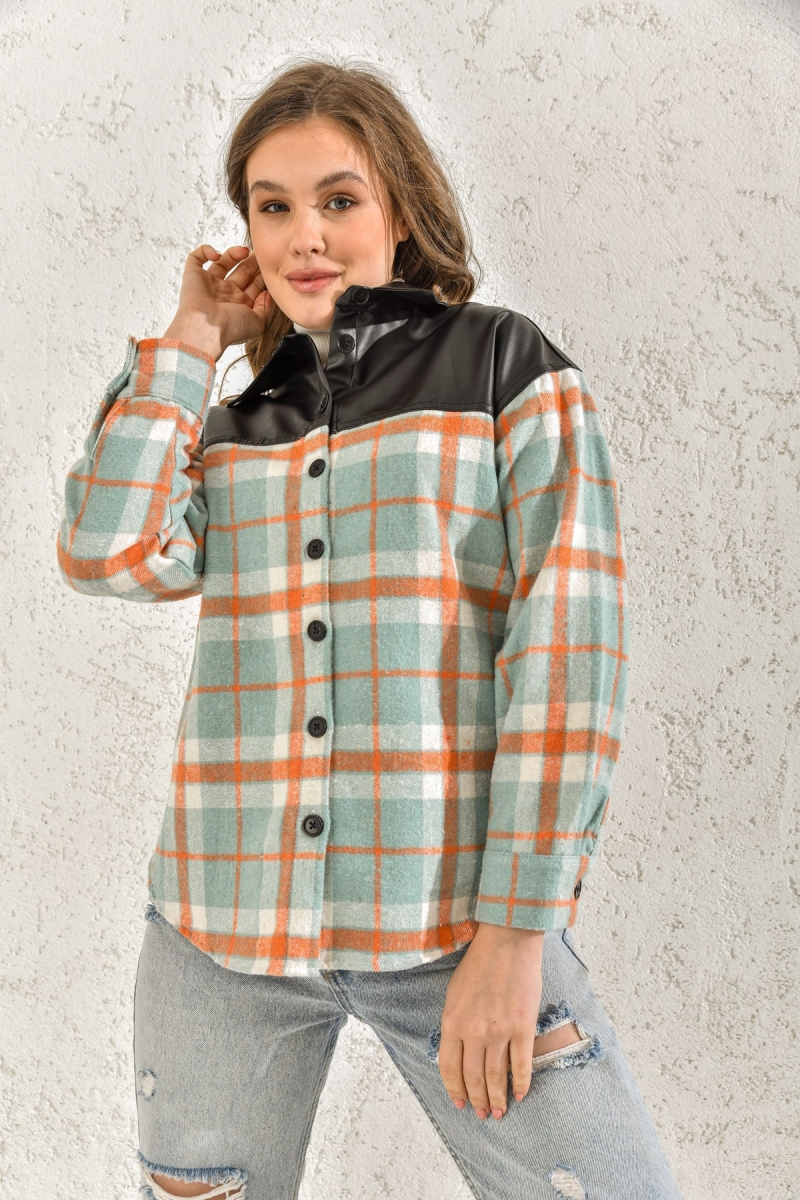 3999 Deri Detaylı Ekose Gömlek - Turuncu - BİGDART