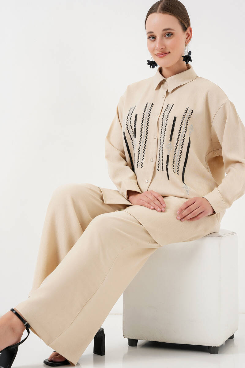 Desenli Tunik Pantolon İkili Takım 6720 - Krem - BİGDART