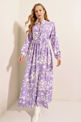 2144 Hakim Yaka Tesettür Elbise - Eflatun - BİGDART