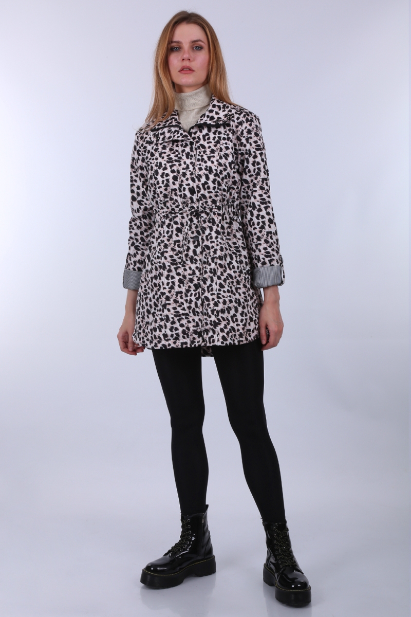 5803 Desenli Beli Büzgülü Trençkot - Ekru - BİGDART