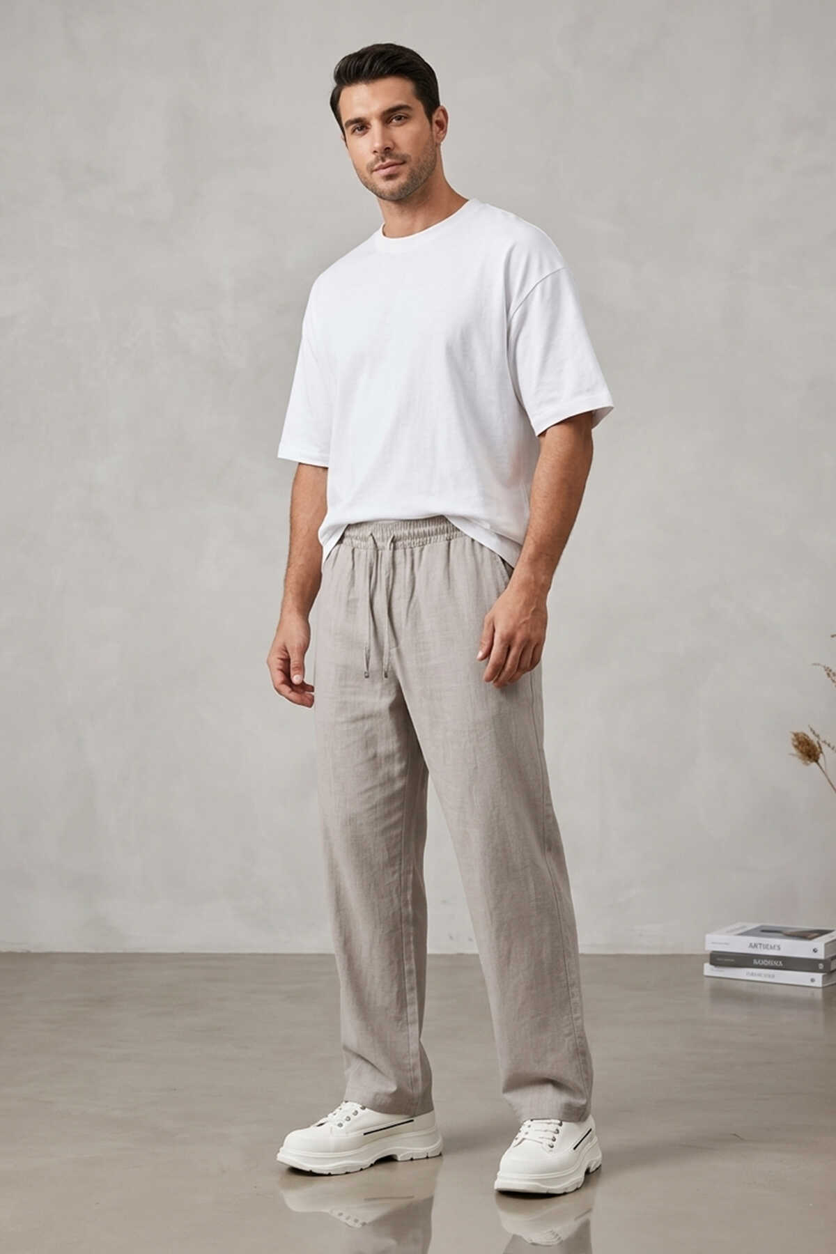 Erkek Rahat Keten Pantolon 30118 - Taş - 1