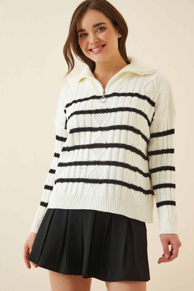 15782 Fermuarlı Çizgili Triko Kazak - Beyaz - BİGDART