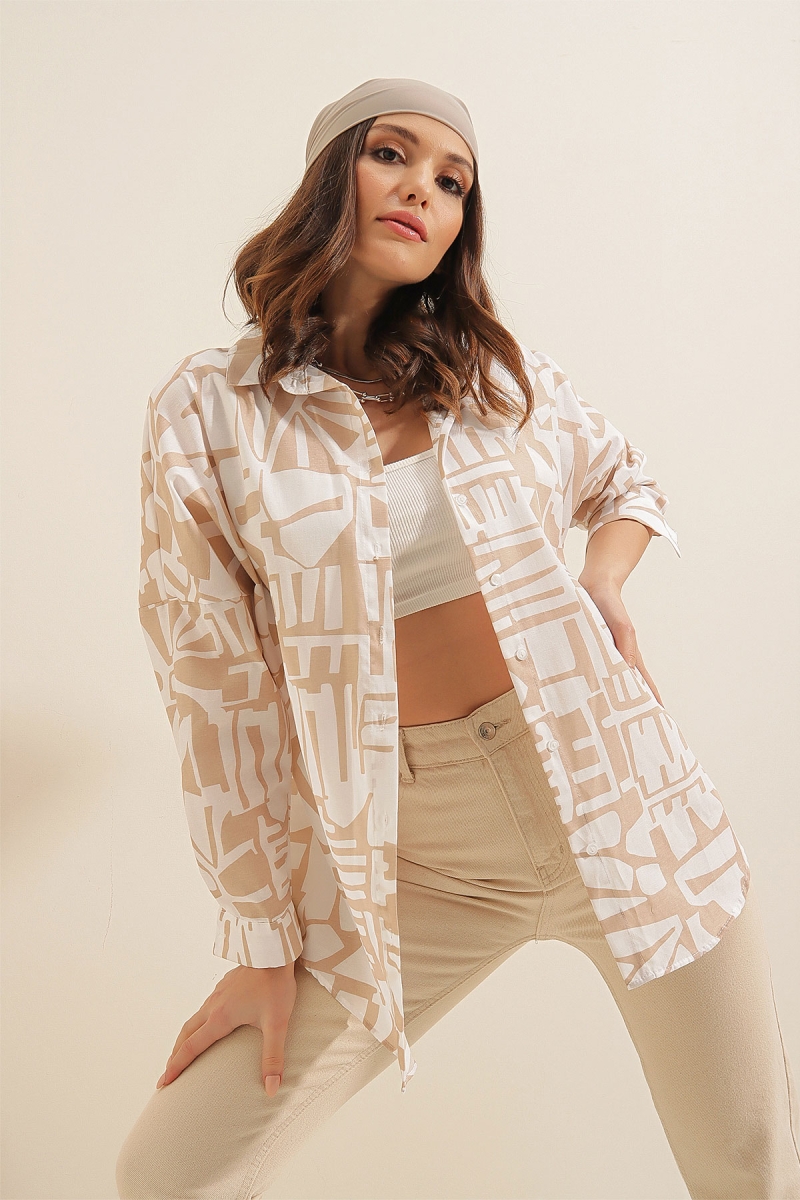 20100 Grafik Desen Oversize Gömlek - Bej - BİGDART