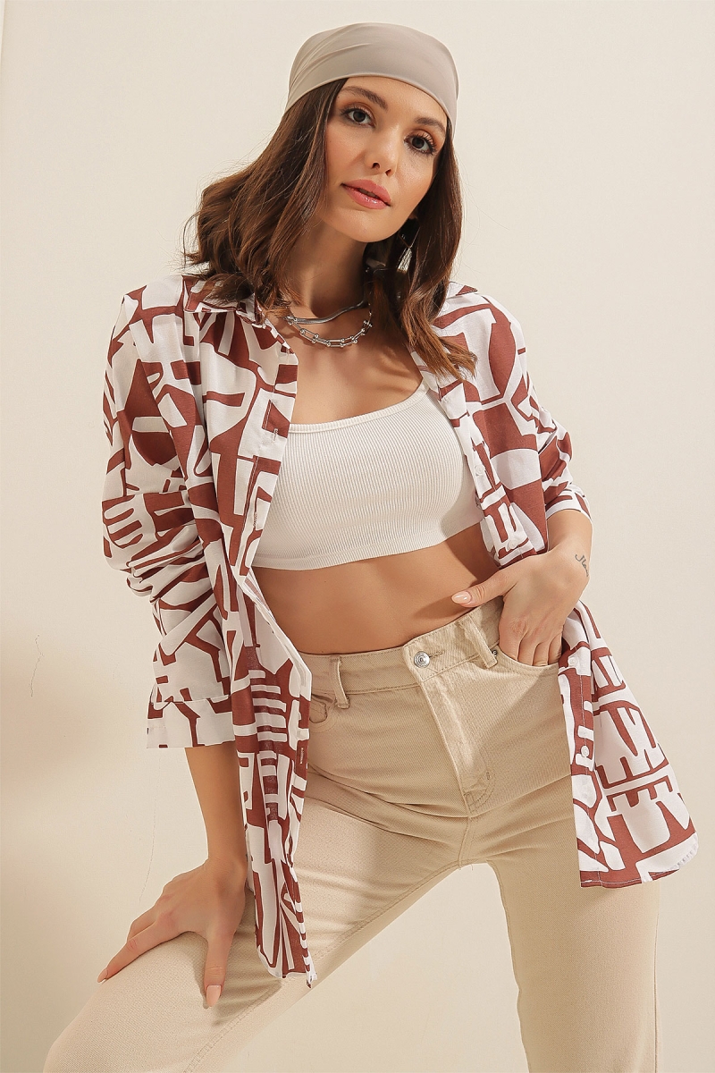 20100 Grafik Desen Oversize Gömlek - Kiremit - BİGDART