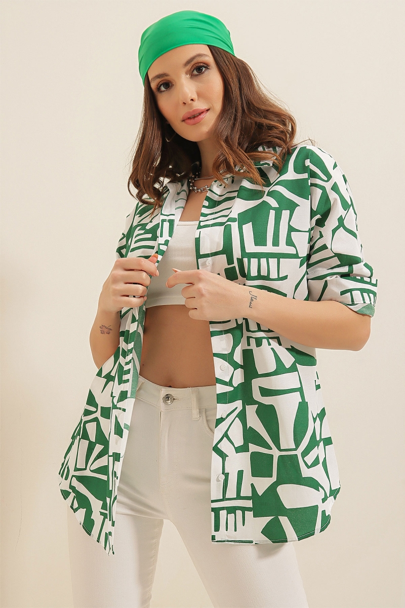 20100 Grafik Desen Oversize Gömlek - Yeşil - BİGDART