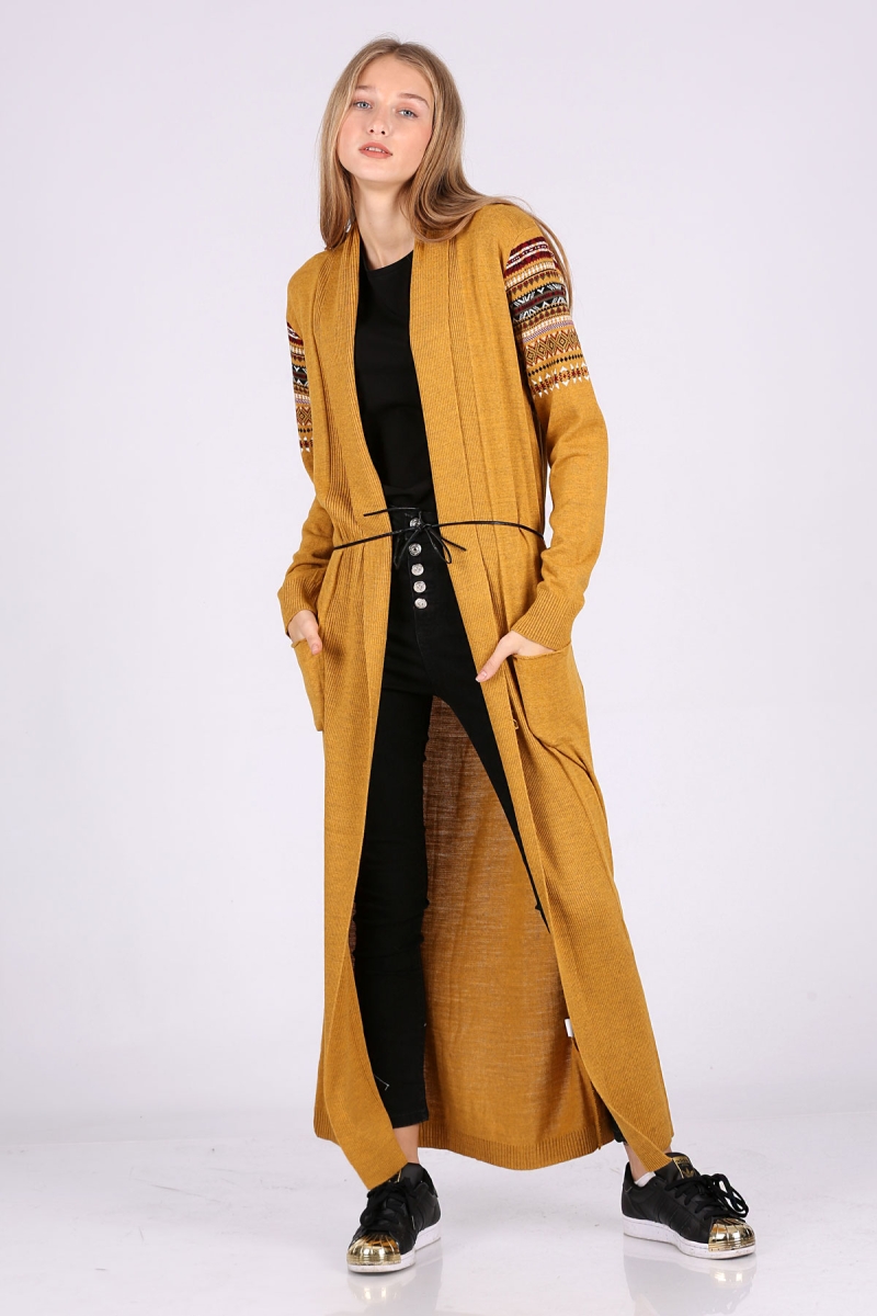 15725 Kemerli Desenli Uzun Triko Hırka - Hardal - BİGDART