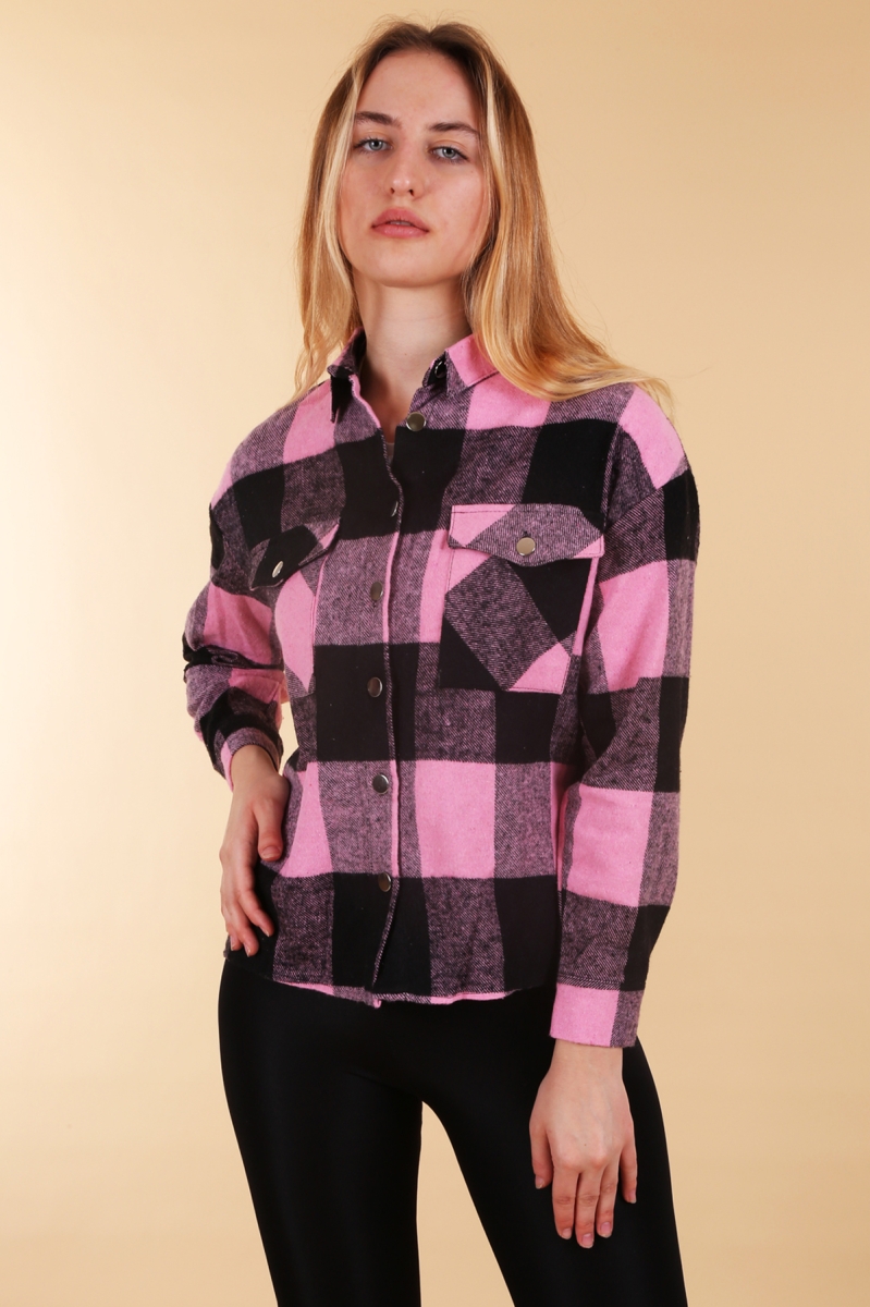 3853 K. Pembe Ekose Desen Çift Cepli Gömlek - BİGDART