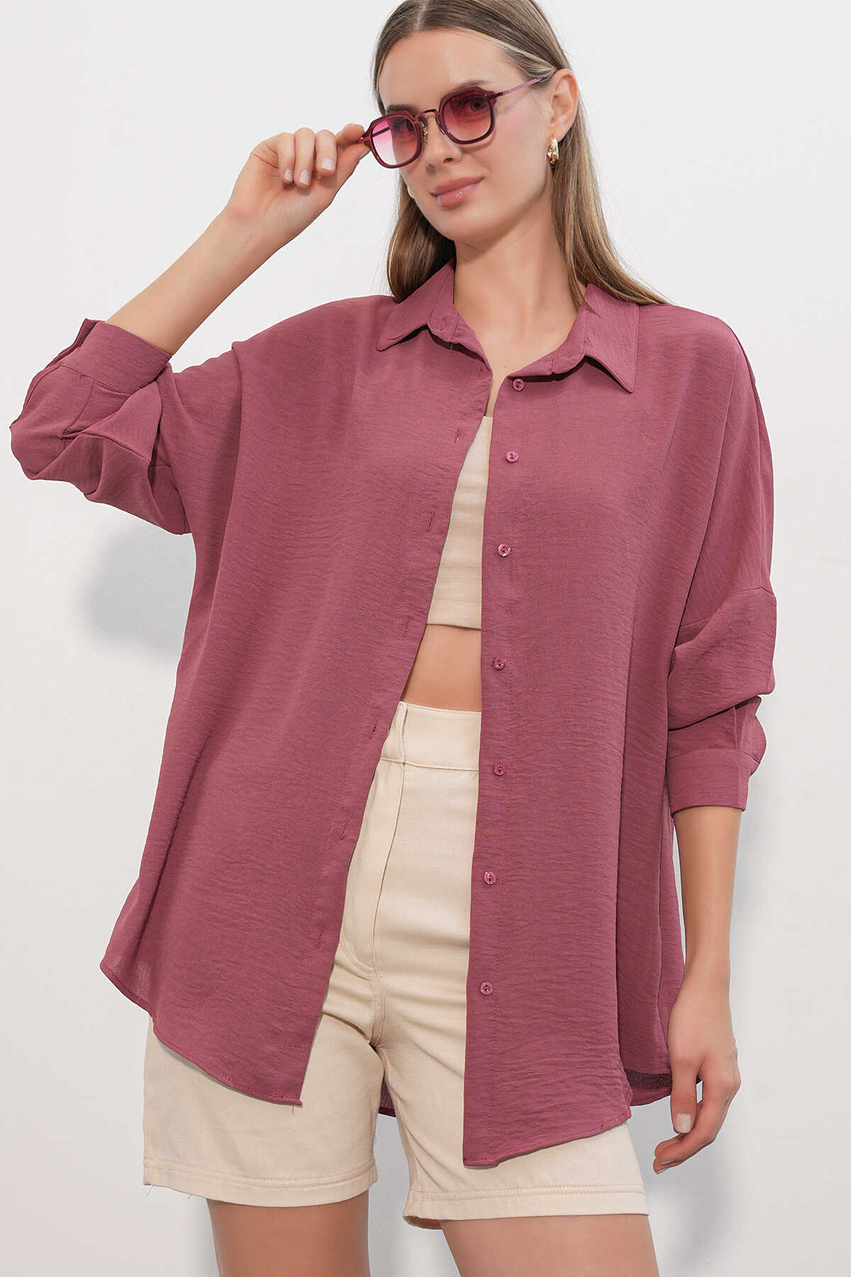 Kadın Aerobin Oversize Gömlek 20402 - Gül Kurusu - 3