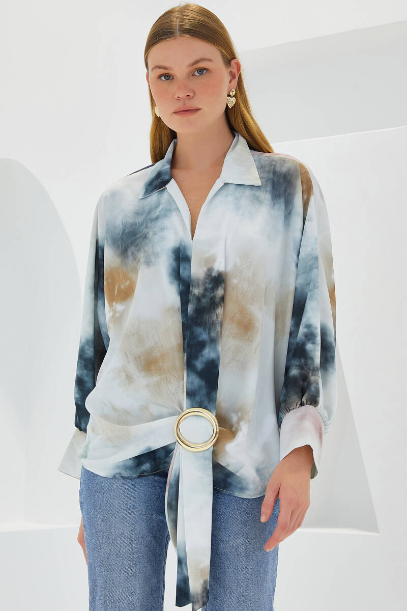 Kadın Antrasit Ekru Oversize Dökümlü Saten Gömlek 907 - BİGDART