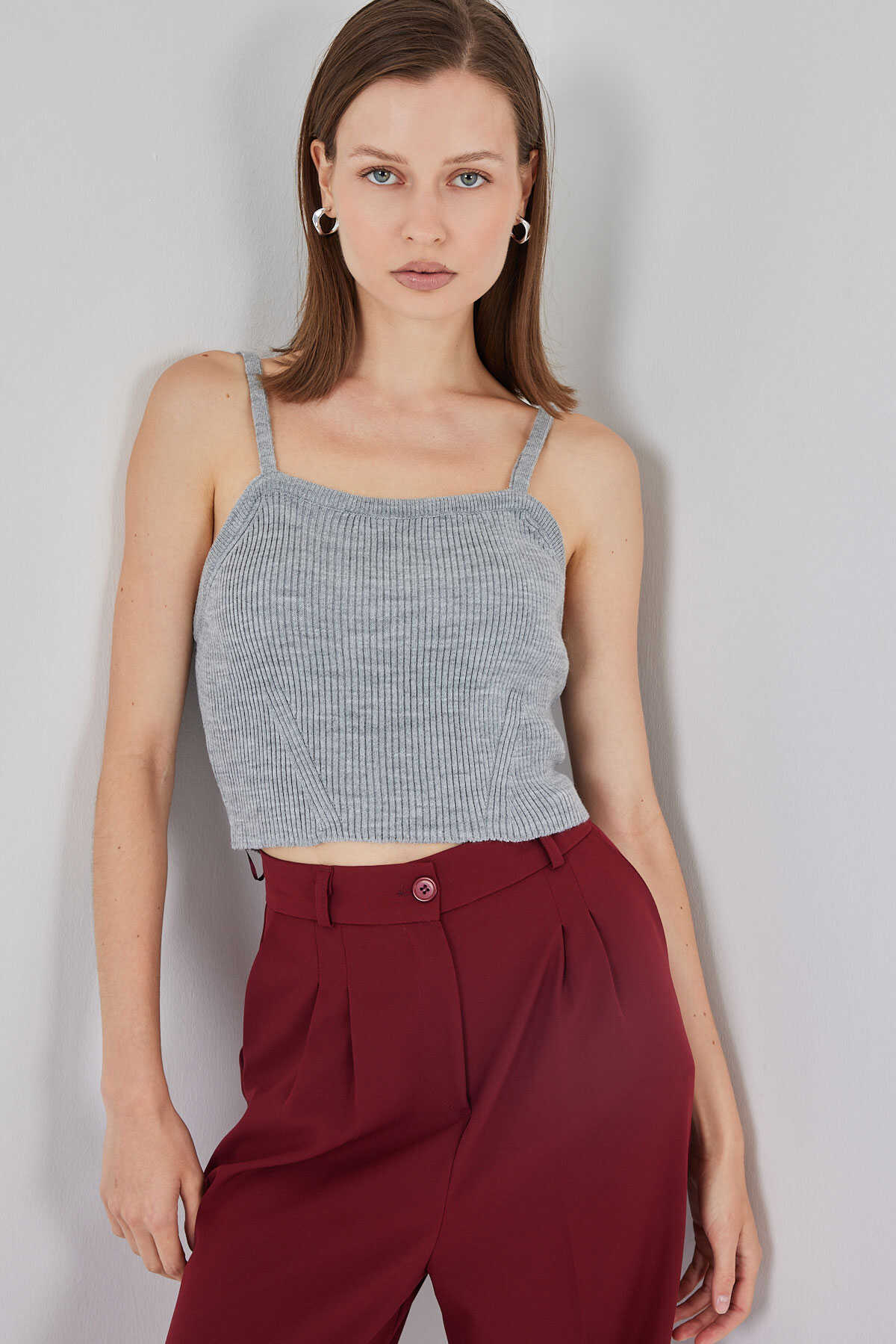 Kadın Askılı Crop Top Bluz 15934 - Gri - 1