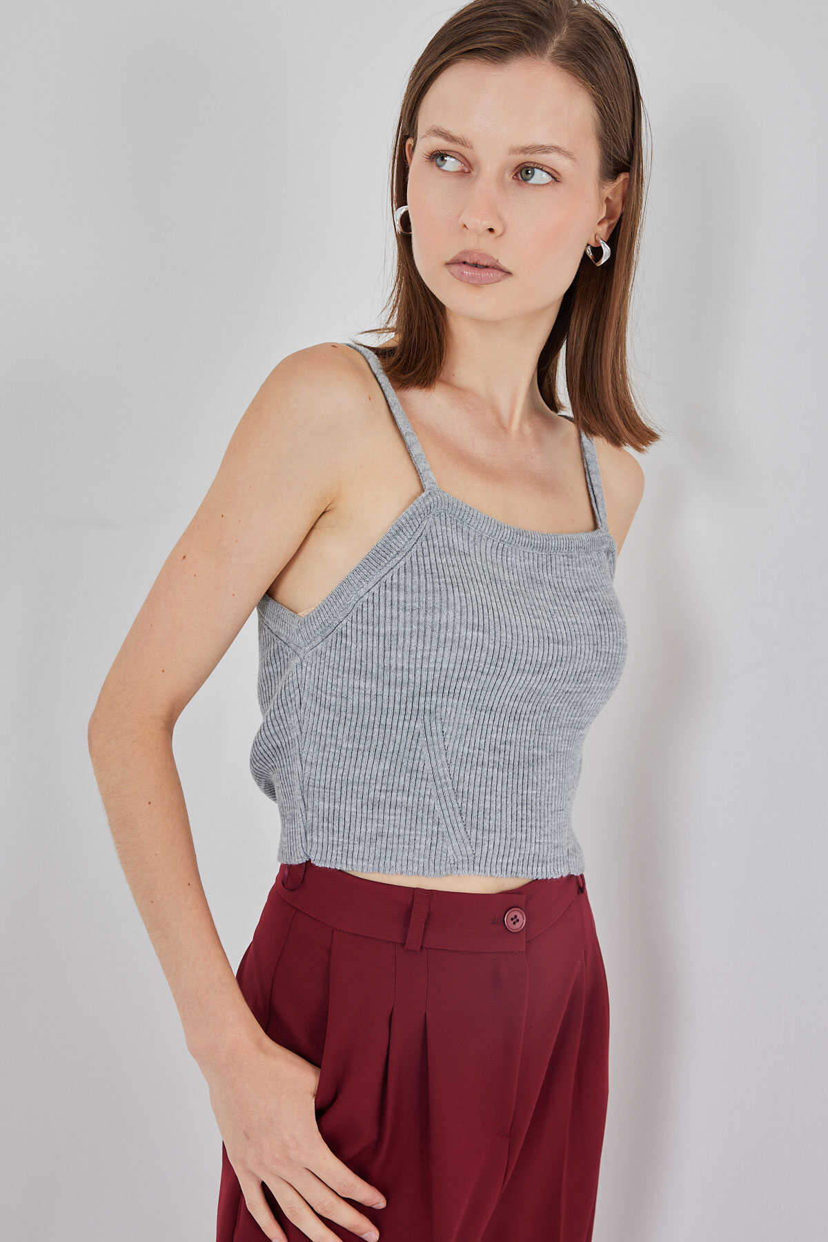 Kadın Askılı Crop Top Bluz 15934 - Gri - 3