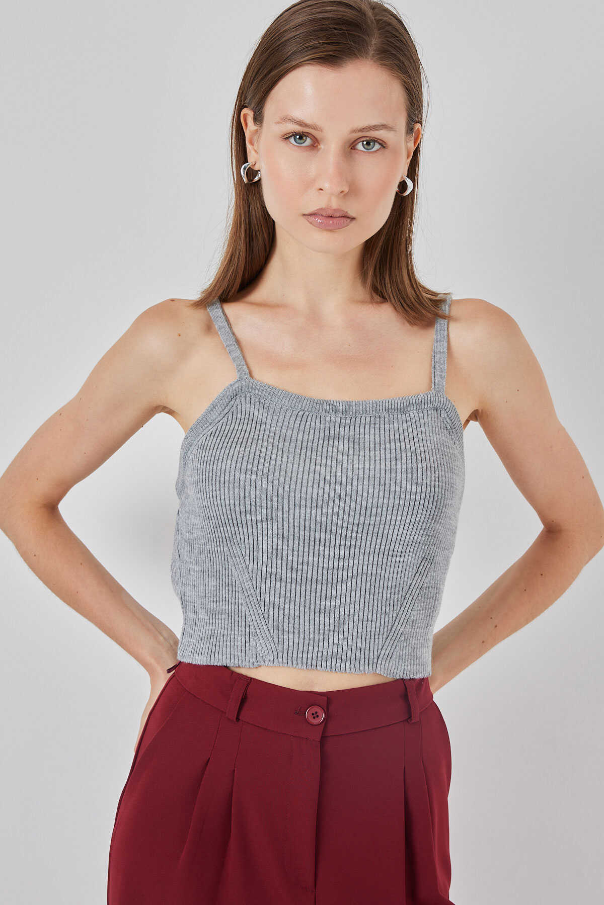 Kadın Askılı Crop Top Bluz 15934 - Gri - 4