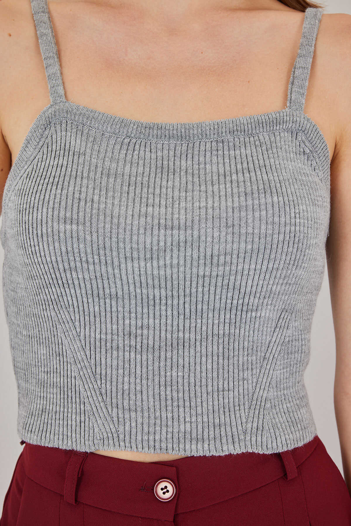 Kadın Askılı Crop Top Bluz 15934 - Gri - 5