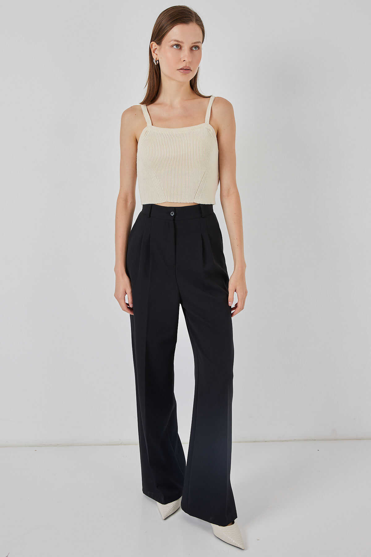 Kadın Askılı Crop Top Bluz 15934 - Krem - 2