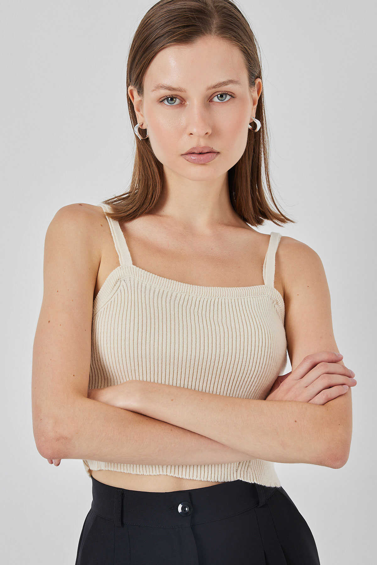Kadın Askılı Crop Top Bluz 15934 - Krem - 4