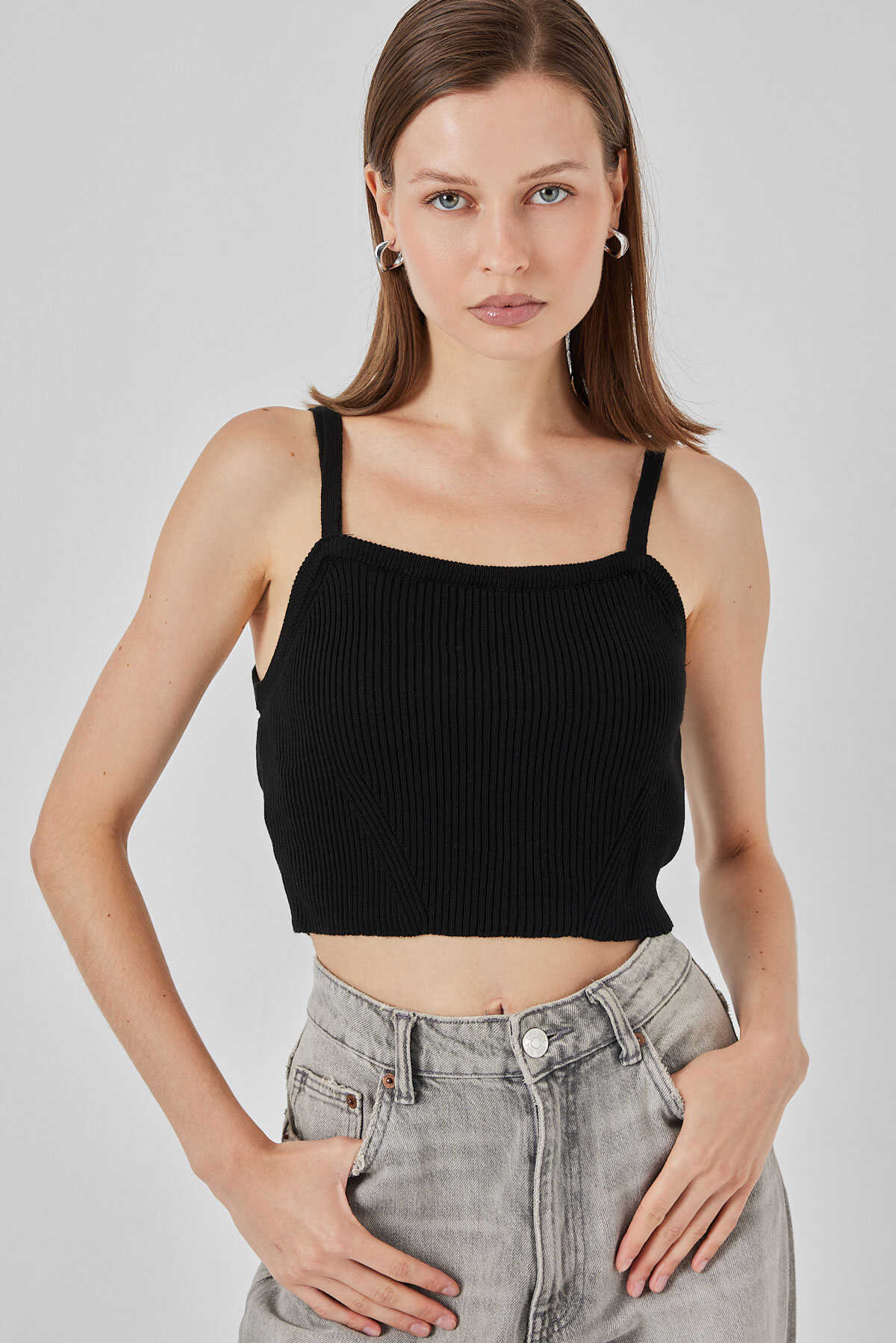 Kadın Askılı Crop Top Bluz 15934 - Siyah - 1