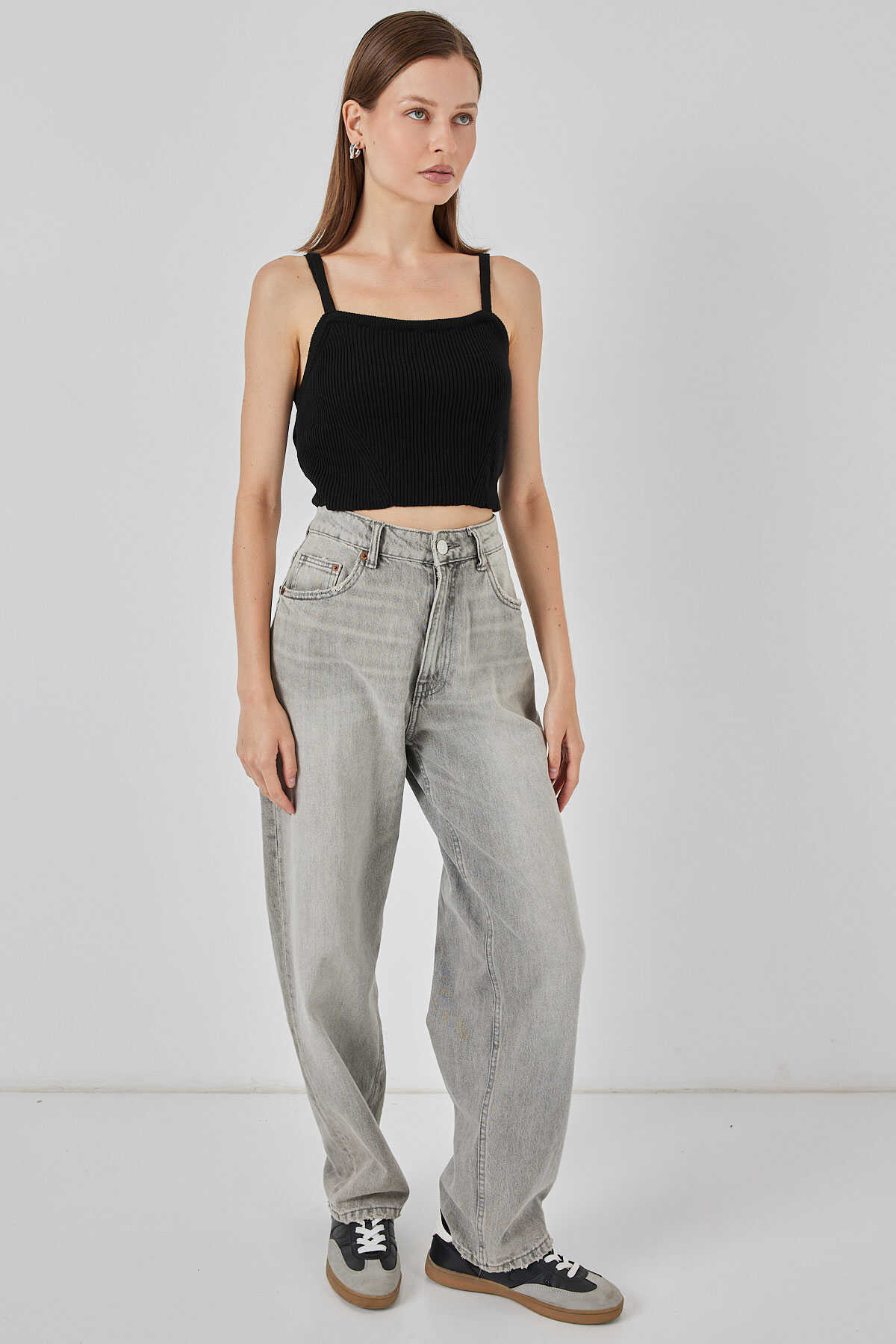 Kadın Askılı Crop Top Bluz 15934 - Siyah - 2