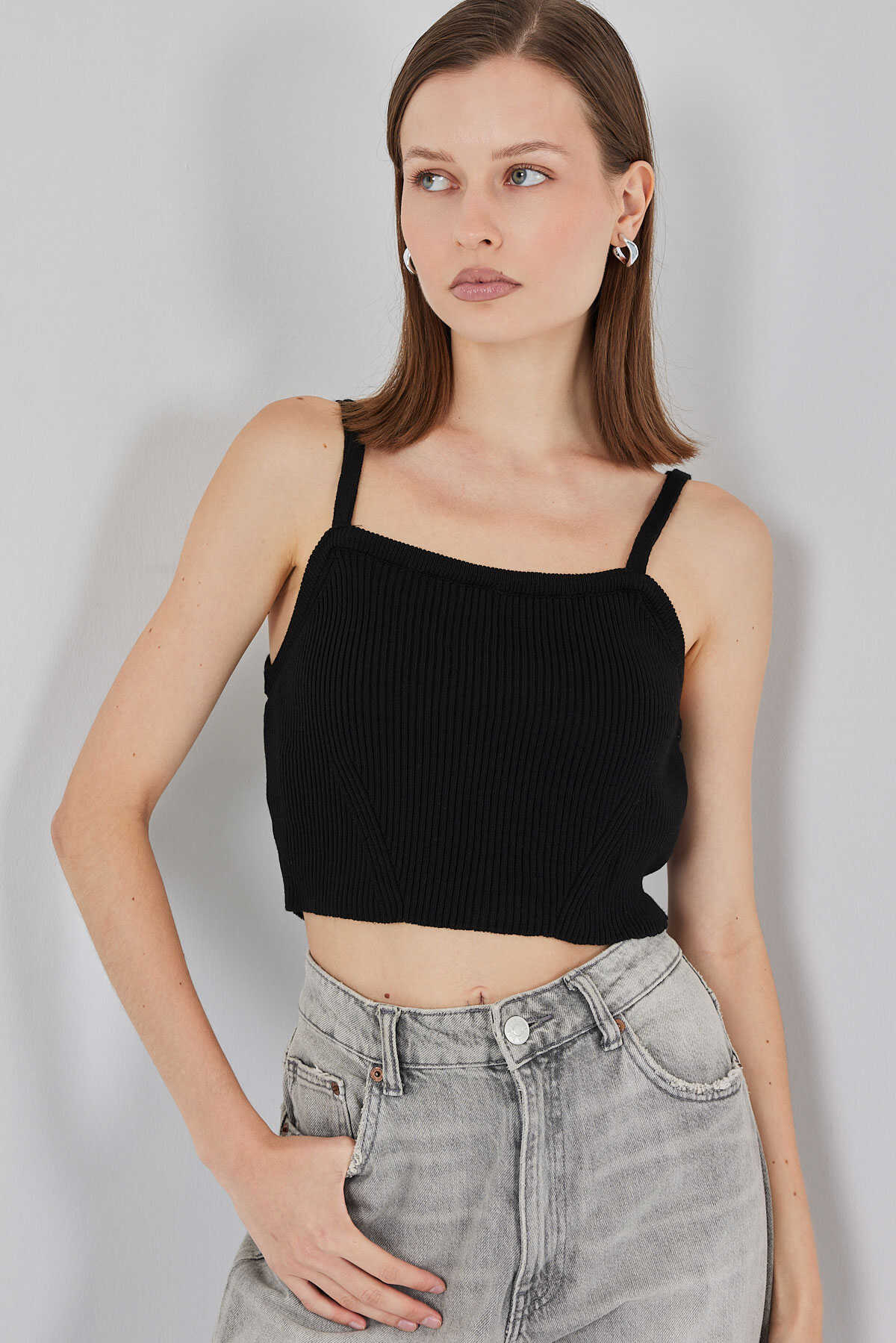 Kadın Askılı Crop Top Bluz 15934 - Siyah - 3